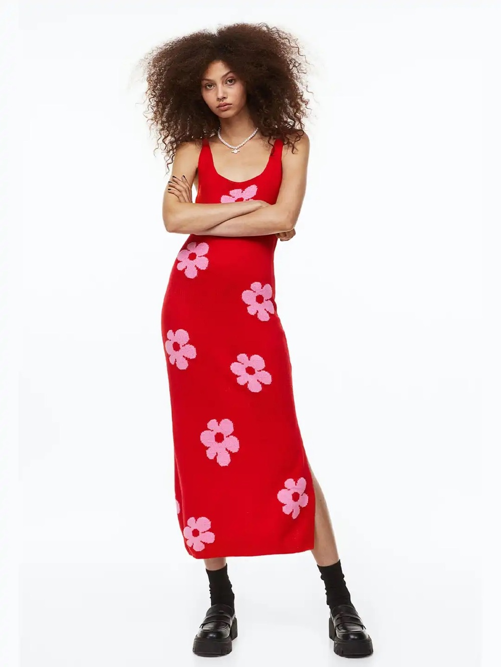 H&M Red Midi Dress with Pink Flower Motif